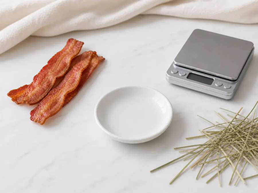 Cooked bacon strips kept away from a clean saucer, hay, and a gram scale.