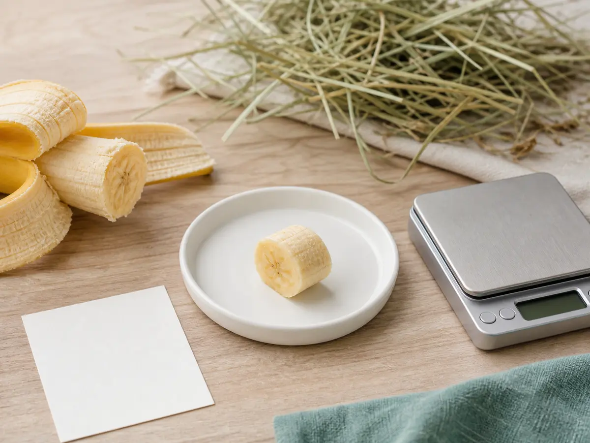 Tiny banana portion on a saucer beside a gram scale and hay for a small mammal food-safety check.
