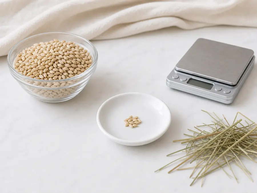 Tiny plain barley portion on a saucer beside barley grains, hay, and a gram scale.