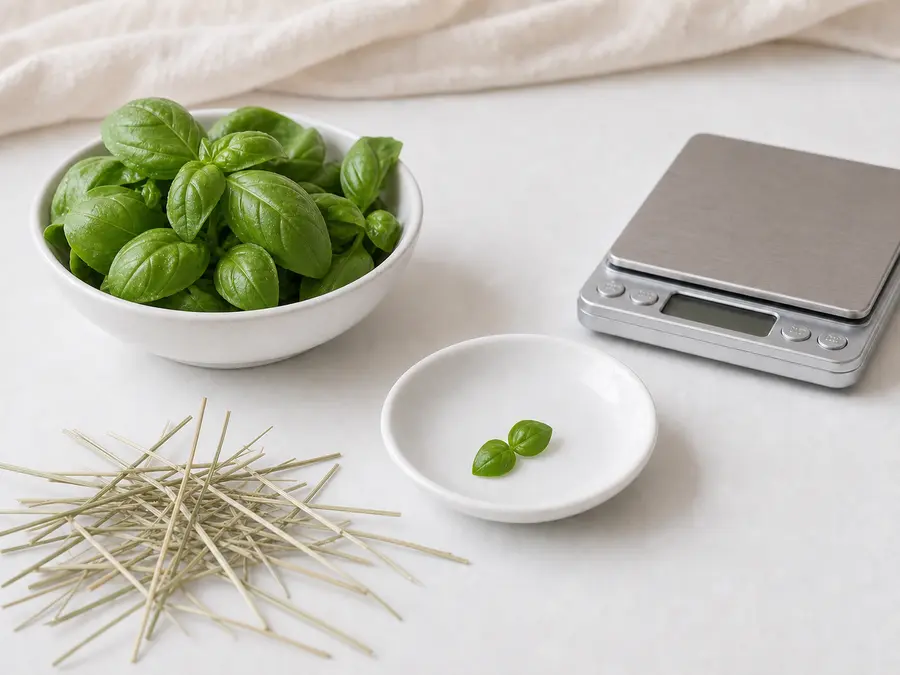 Tiny washed basil leaves on a saucer beside fresh basil, hay, and a gram scale.