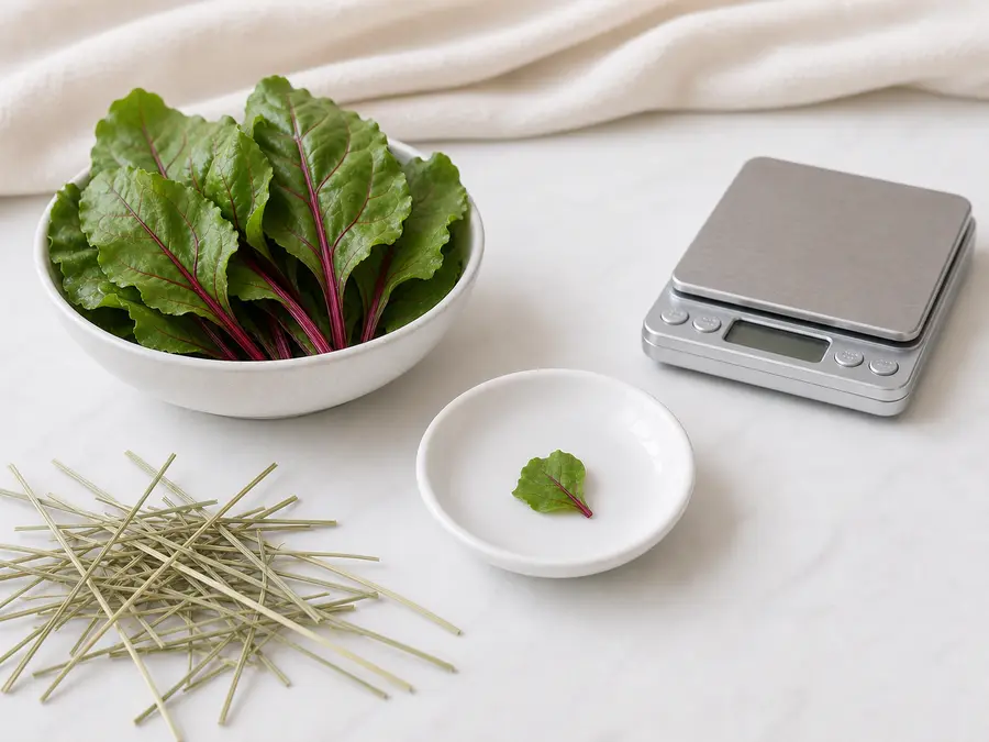 Tiny washed beet green leaf on a saucer beside beet greens, hay, and a gram scale.