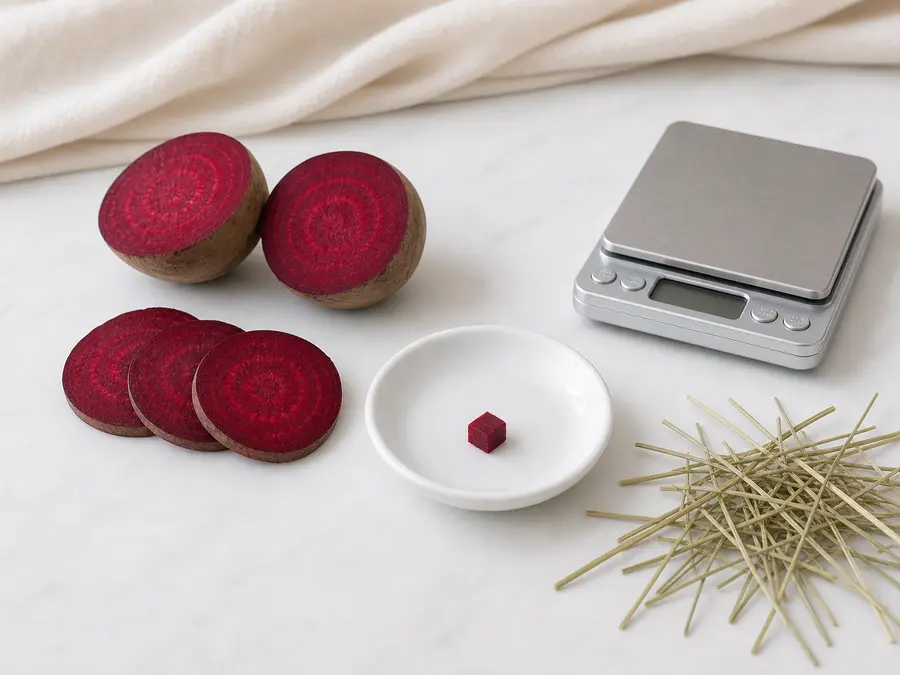 Tiny plain beetroot cube on a saucer beside beetroot slices, hay, and a gram scale.