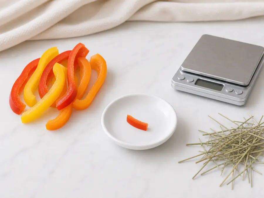 Tiny plain bell pepper strip on a saucer beside bell pepper slices, hay, and a gram scale.