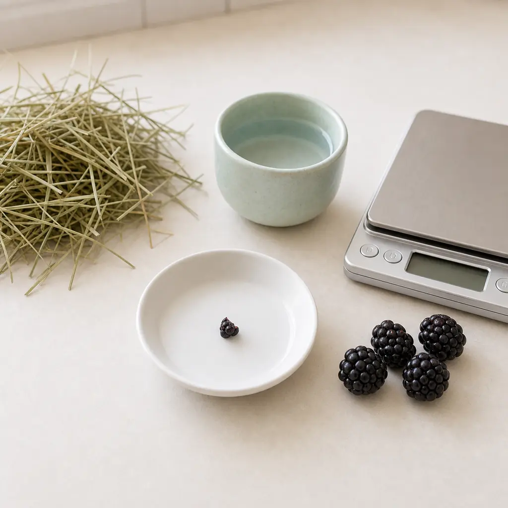 Tiny blackberry piece on a saucer beside whole blackberries, clean hay, water, and a gram scale.