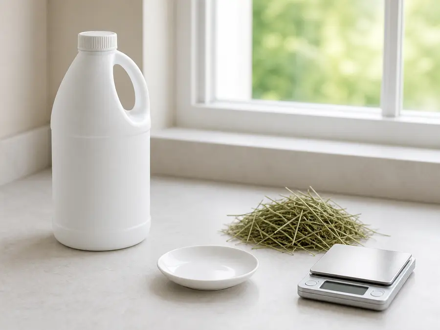 Closed unlabeled bleach bottle kept away from a clean saucer, hay, and a gram scale.