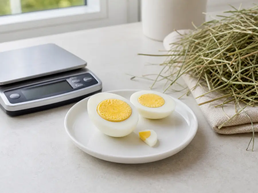 Tiny plain boiled egg piece on a saucer beside boiled egg halves, hay, and a gram scale.