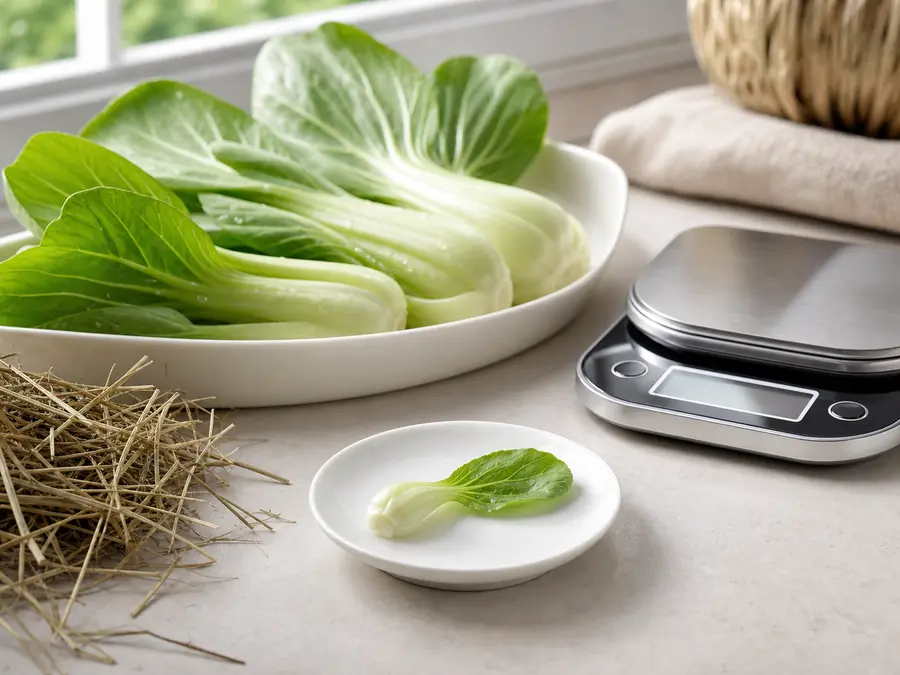 Tiny washed bok choy piece on a saucer beside fresh bok choy, hay, and a gram scale.