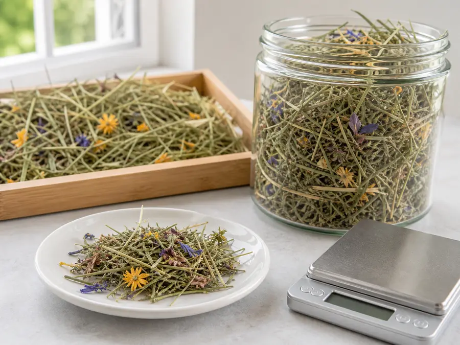Clean botanical hay with dried herbs and flowers on a saucer beside a gram scale.