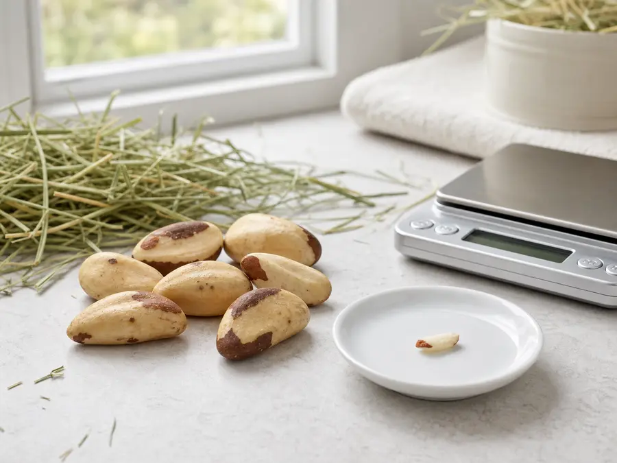 Tiny Brazil nut sliver on a saucer beside whole Brazil nuts, hay, and a gram scale.