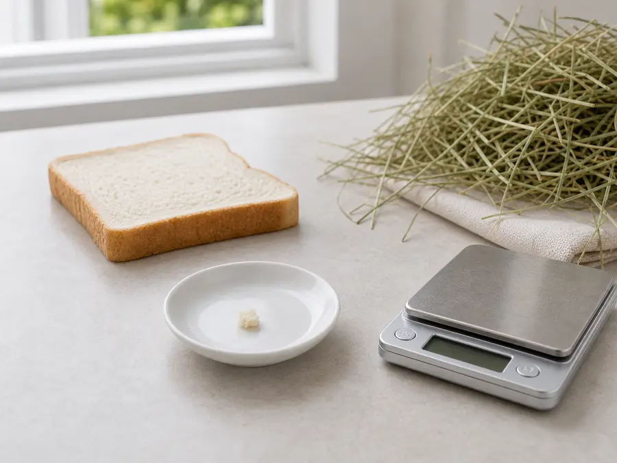 Tiny plain bread crumb on a saucer beside a bread slice, hay, and a gram scale.