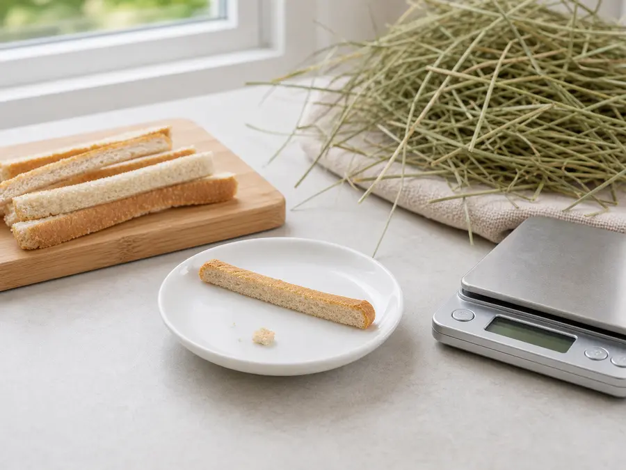 Tiny bread crust crumb on a saucer beside plain bread crust, hay, and a gram scale.