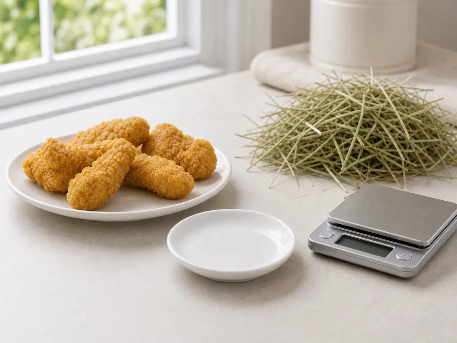Breaded chicken kept away from an empty saucer, hay, and a gram scale.