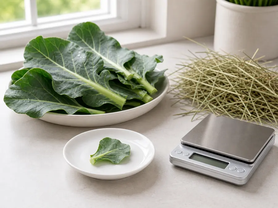Tiny washed broccoli leaf piece on a saucer beside broccoli leaves, hay, and a gram scale.