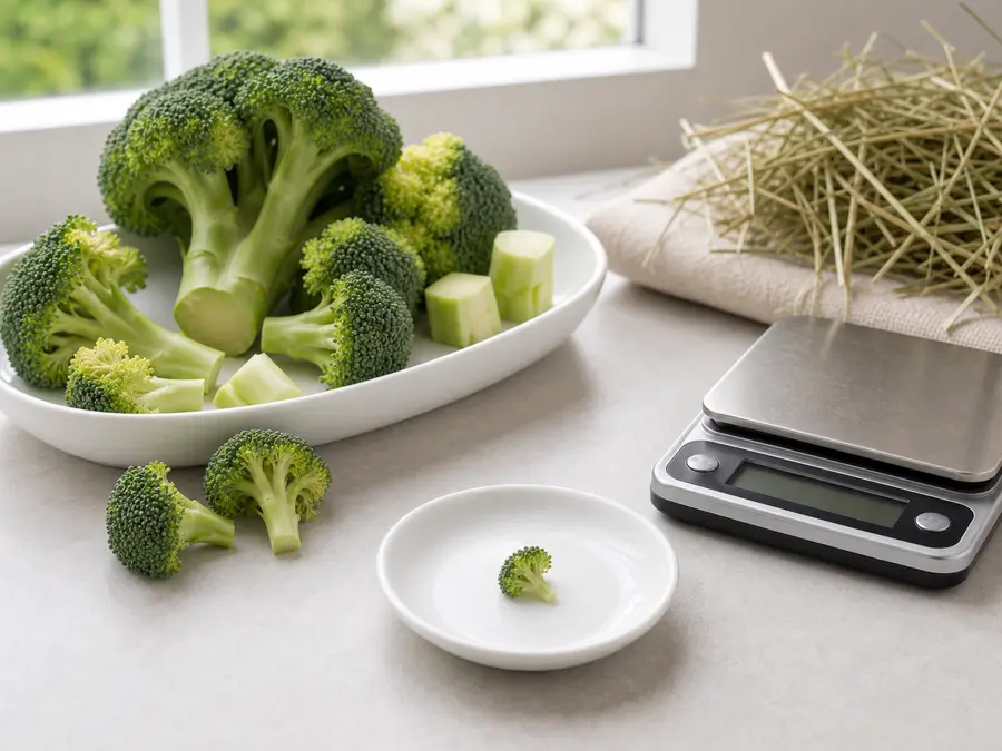 Tiny plain broccoli floret on a saucer beside broccoli pieces, hay, and a gram scale.