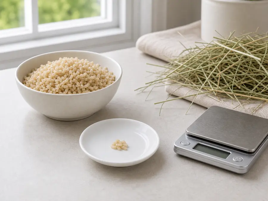 Tiny plain brown rice portion on a saucer beside cooked brown rice, hay, and a gram scale.