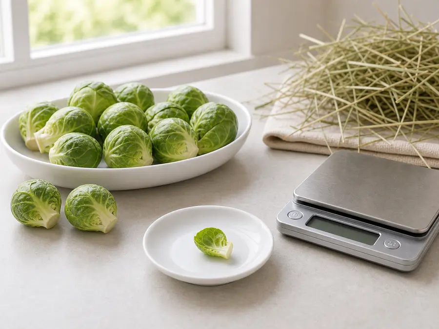 Tiny plain Brussels sprout piece on a saucer beside fresh sprouts, hay, and a gram scale.