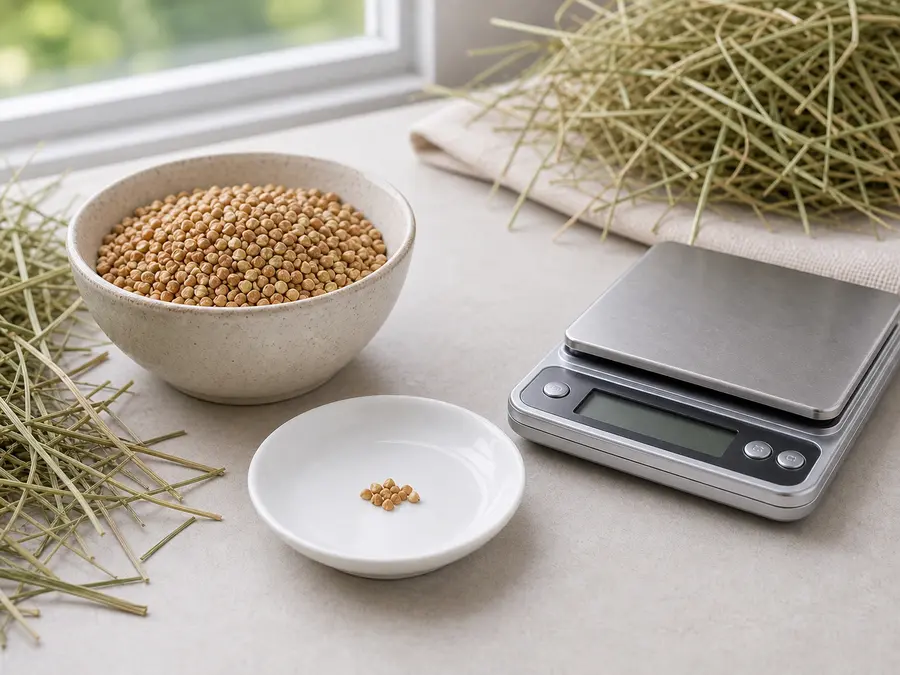 Tiny plain buckwheat groat portion on a saucer beside buckwheat groats, hay, and a gram scale.