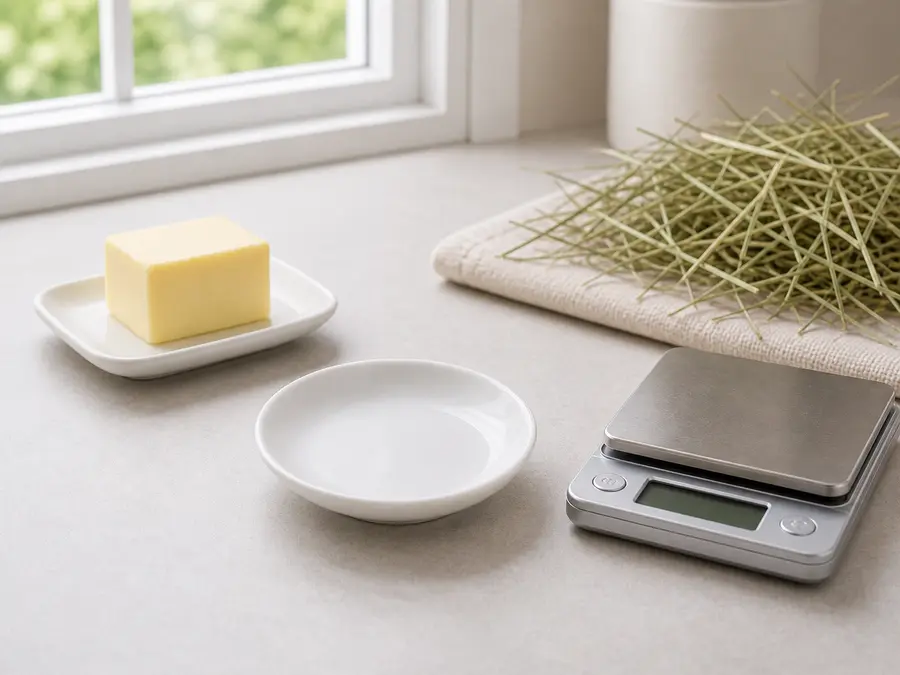 Butter kept away from an empty saucer, hay, and a gram scale.