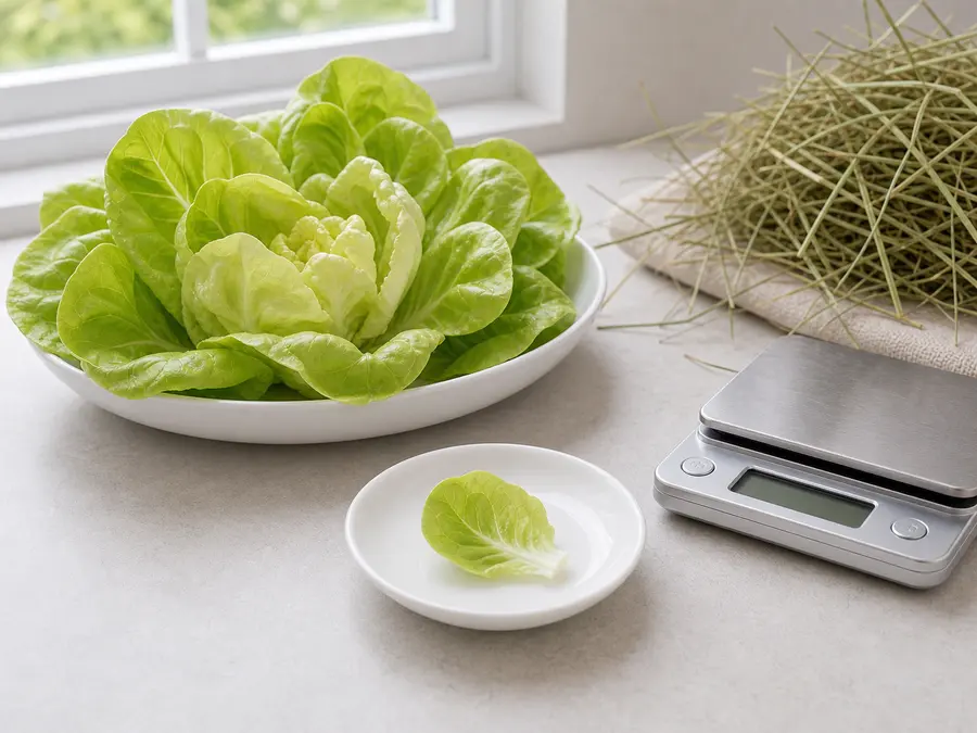 Tiny washed butter lettuce leaf on a saucer beside fresh butter lettuce, hay, and a gram scale.