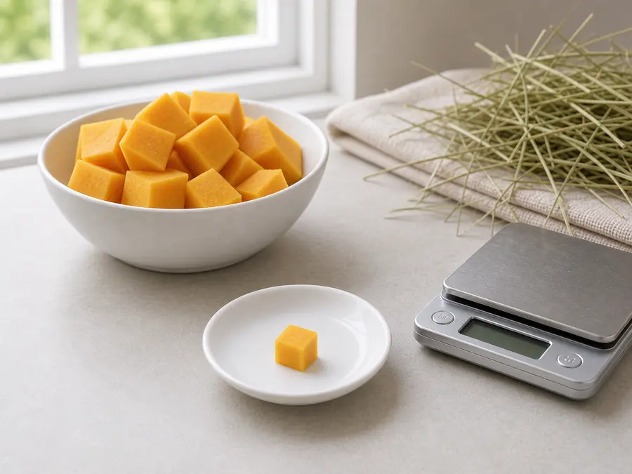 Tiny plain butternut squash cube on a saucer beside peeled squash, hay, and a gram scale.