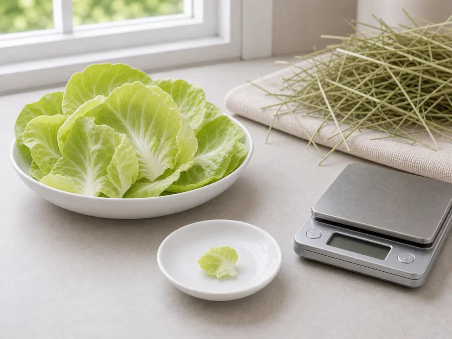 Tiny plain cabbage leaf piece on a saucer beside fresh cabbage, hay, and a gram scale.