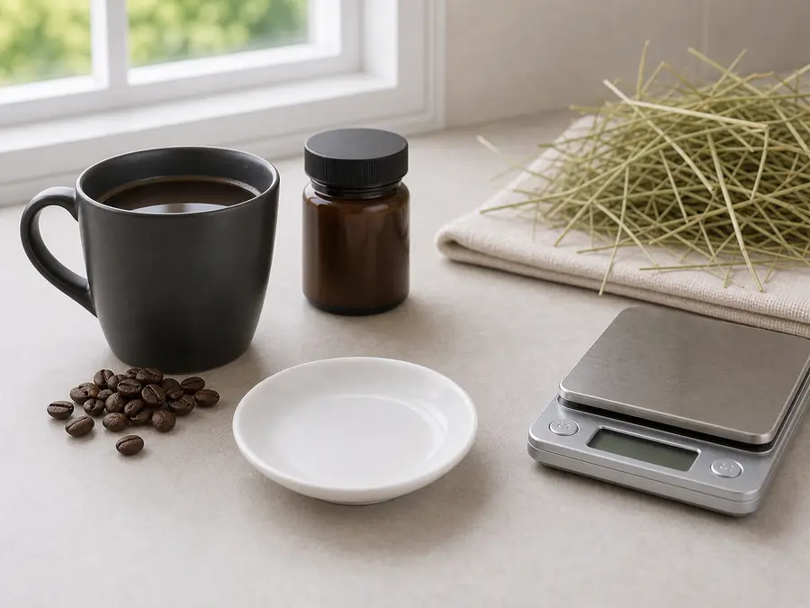 Coffee and an unlabeled caffeine container kept away from an empty saucer, hay, and a gram scale.