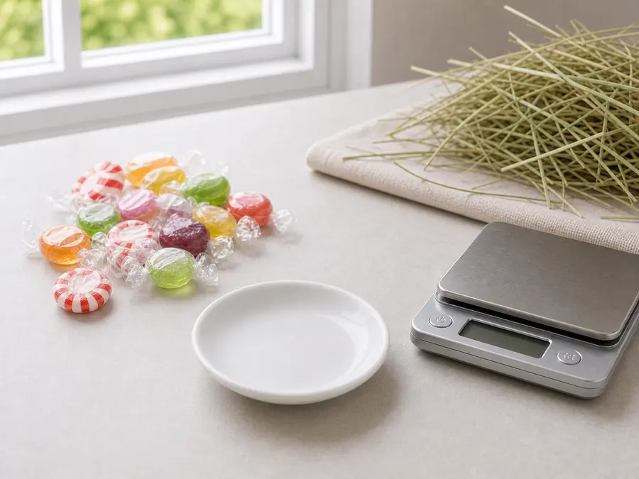 Generic candy kept away from an empty saucer, hay, and a gram scale.