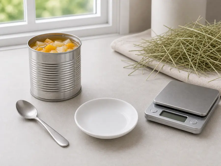 Opened unlabeled canned fruit kept away from an empty saucer, hay, and a gram scale.