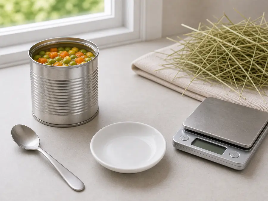 Opened unlabeled canned vegetables kept away from an empty saucer, hay, and a gram scale.