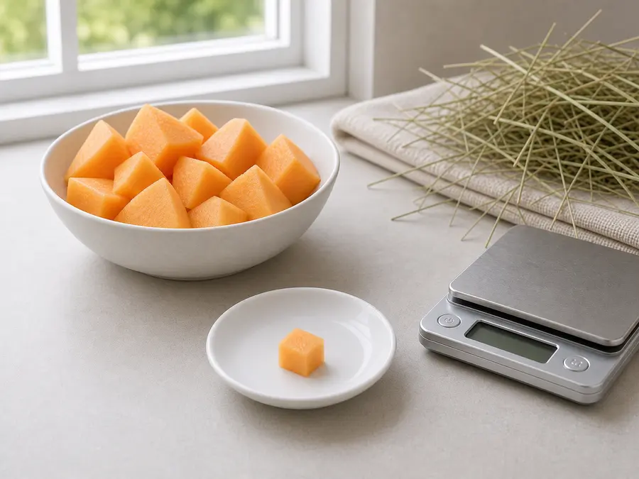 Tiny plain cantaloupe cube on a saucer beside seed-free cantaloupe pieces, hay, and a gram scale.