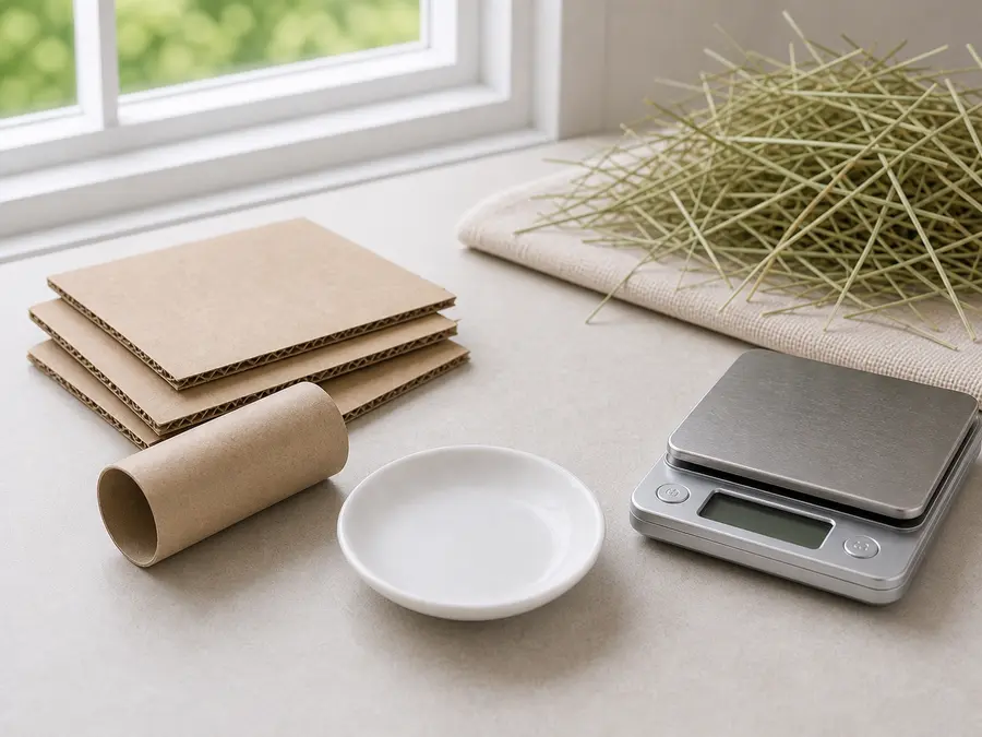 Plain unprinted cardboard pieces beside an empty saucer, hay, and a gram scale for an enrichment safety check.