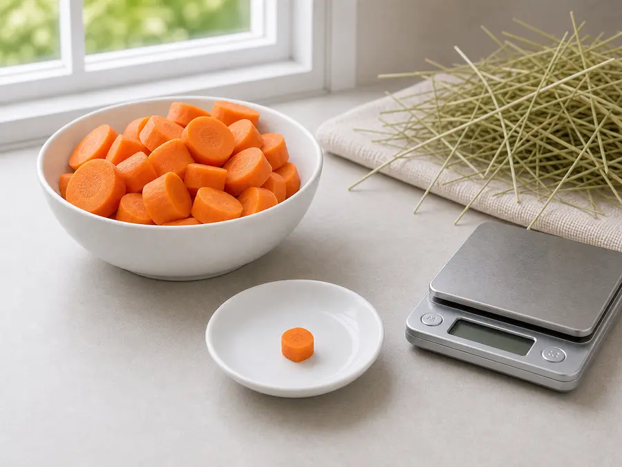 Tiny plain carrot piece on a saucer beside fresh carrot slices, hay, and a gram scale.