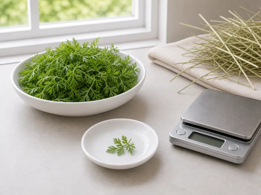 Tiny washed carrot top leaf on a saucer beside fresh carrot tops, hay, and a gram scale.