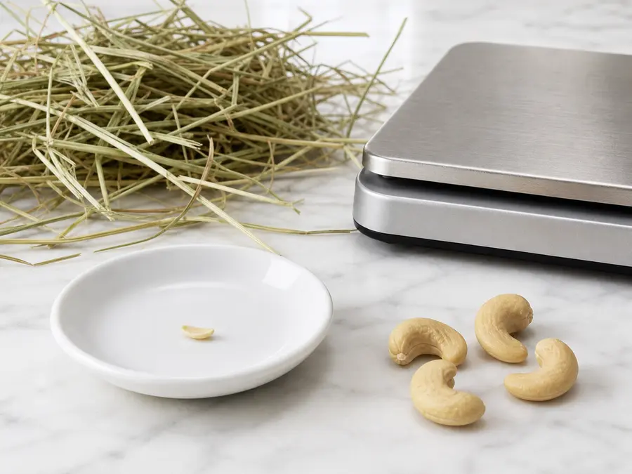 Tiny plain cashew sliver on a saucer beside whole cashews, hay, and a gram scale.