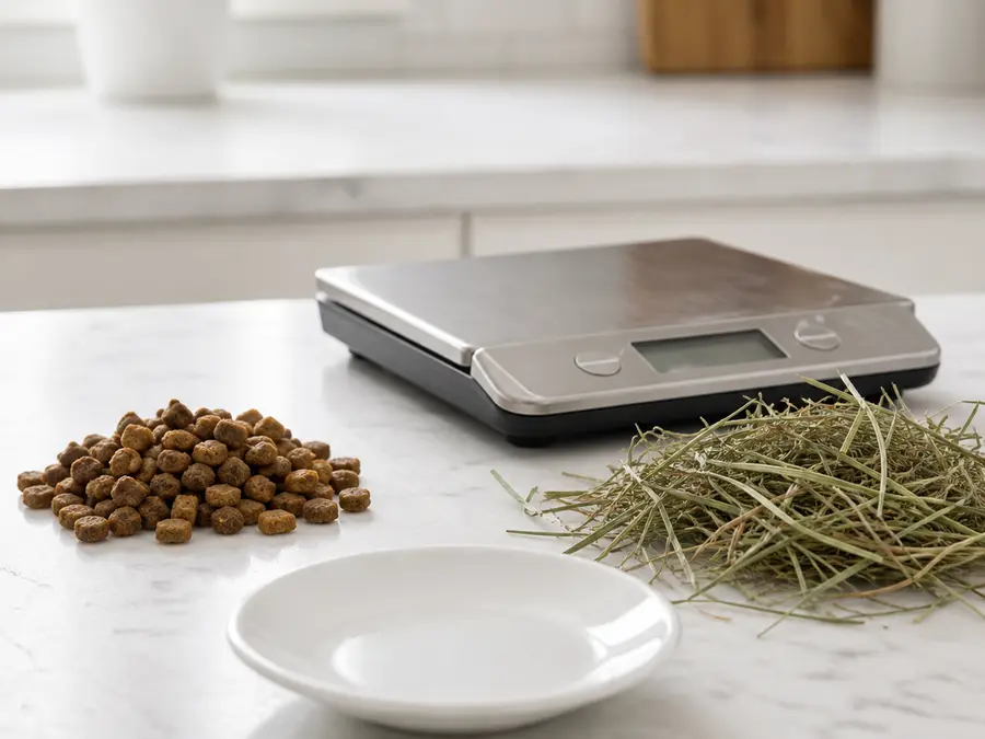 Generic dry cat food kept away from an empty saucer, hay, and a gram scale.
