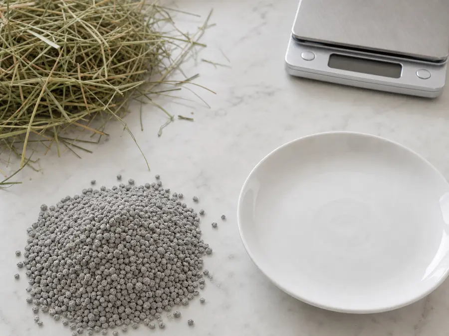 Plain cat litter granules kept away from an empty saucer, hay, and a gram scale.