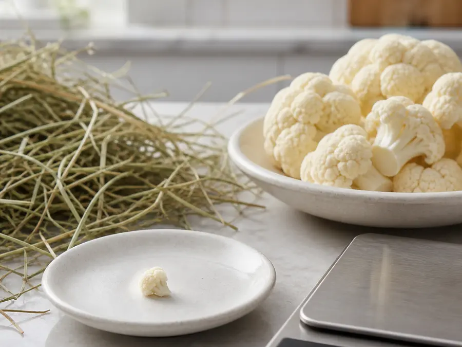 Tiny plain cauliflower floret on a saucer beside fresh cauliflower, hay, and a gram scale.