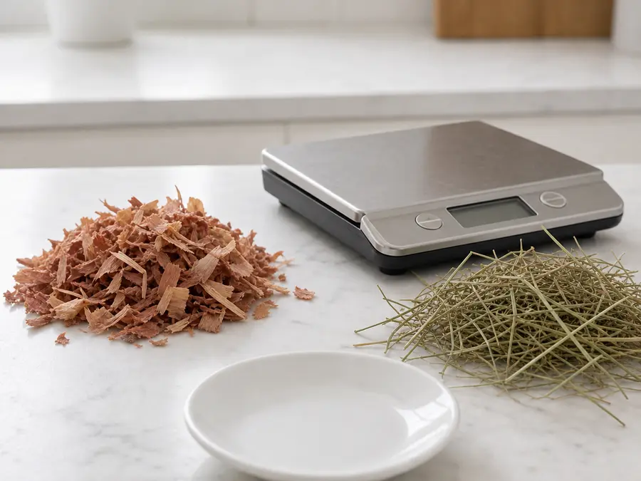 Reddish cedar shavings kept away from an empty saucer, hay, and a gram scale.