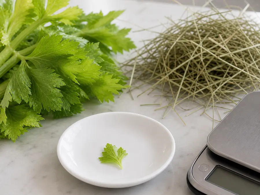 Tiny washed celery leaf on a saucer beside fresh celery leaves, hay, and a gram scale.