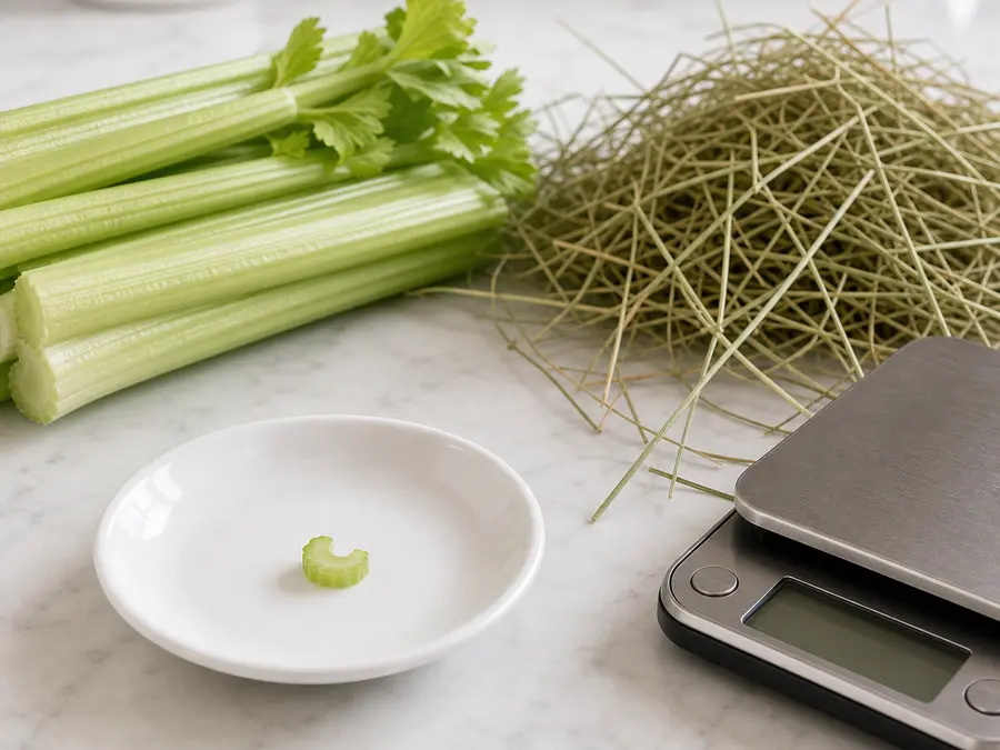Tiny plain celery slice on a saucer beside fresh celery stalks, hay, and a gram scale.