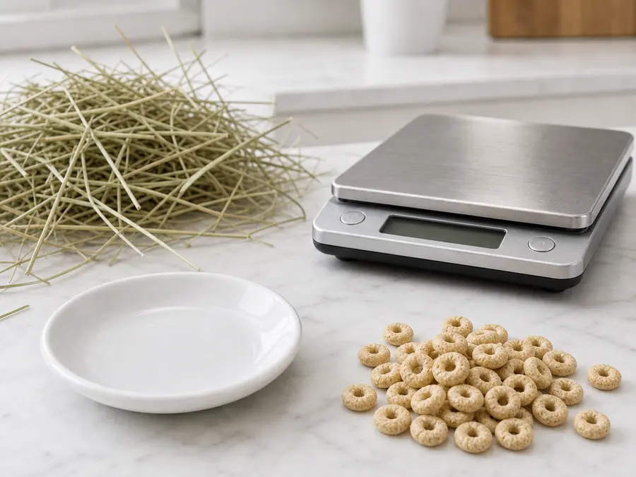 Generic breakfast cereal rings kept away from an empty saucer, hay, and a gram scale.