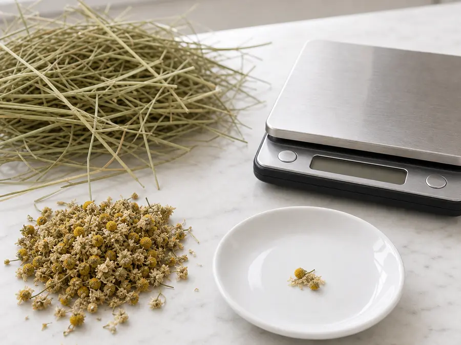 Tiny dried chamomile flower pinch on a saucer beside chamomile flowers, hay, and a gram scale.