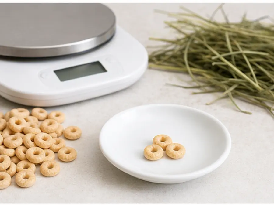 Three plain cereal rings on a saucer beside more rings, hay, and a gram scale.