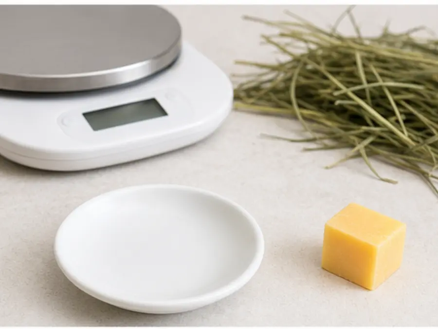 Small cheese cube kept away from an empty saucer, hay, and a gram scale.