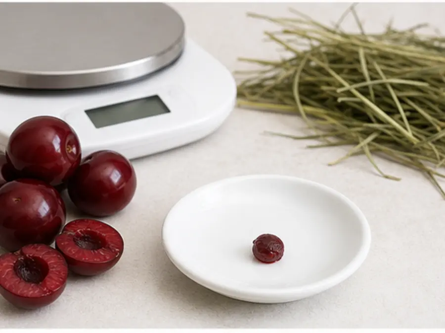 Tiny pitted cherry flesh piece on a saucer beside pitted cherries, hay, and a gram scale.