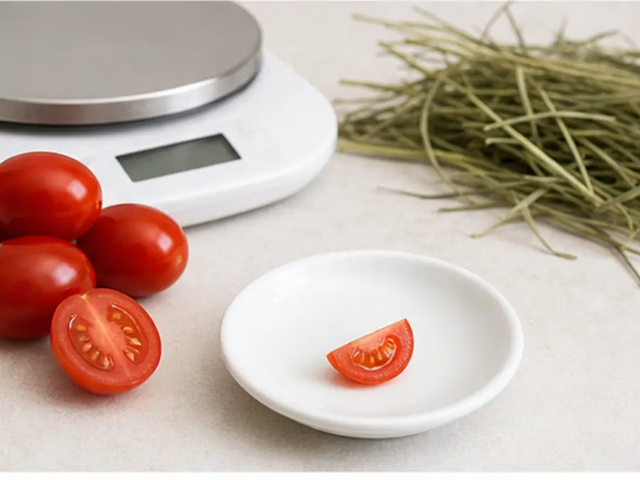 Tiny ripe cherry tomato wedge on a saucer beside plain cherry tomatoes, hay, and a gram scale.