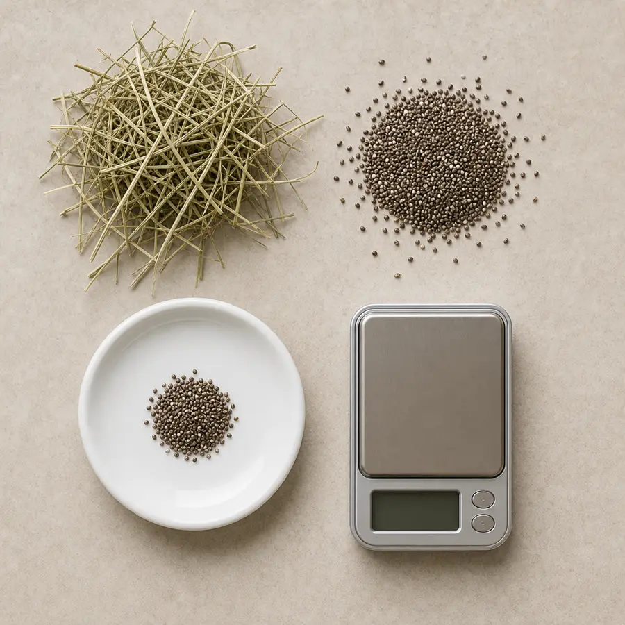 Tiny dry chia seed pinch on a saucer beside more chia seeds, hay, and a gram scale.