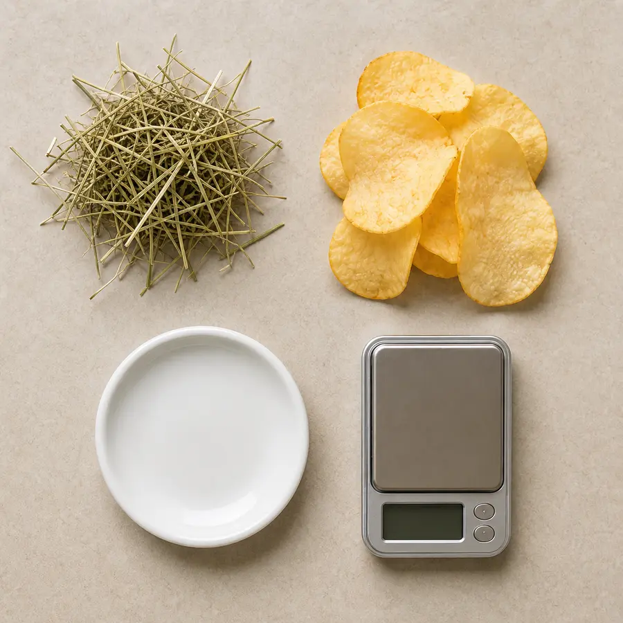 Plain potato chips kept away from an empty saucer, hay, and a gram scale.