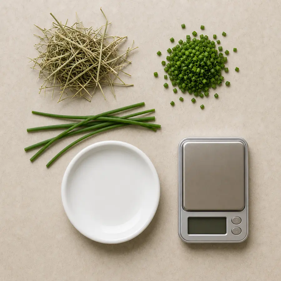 Fresh chives kept away from an empty saucer beside hay and a gram scale.