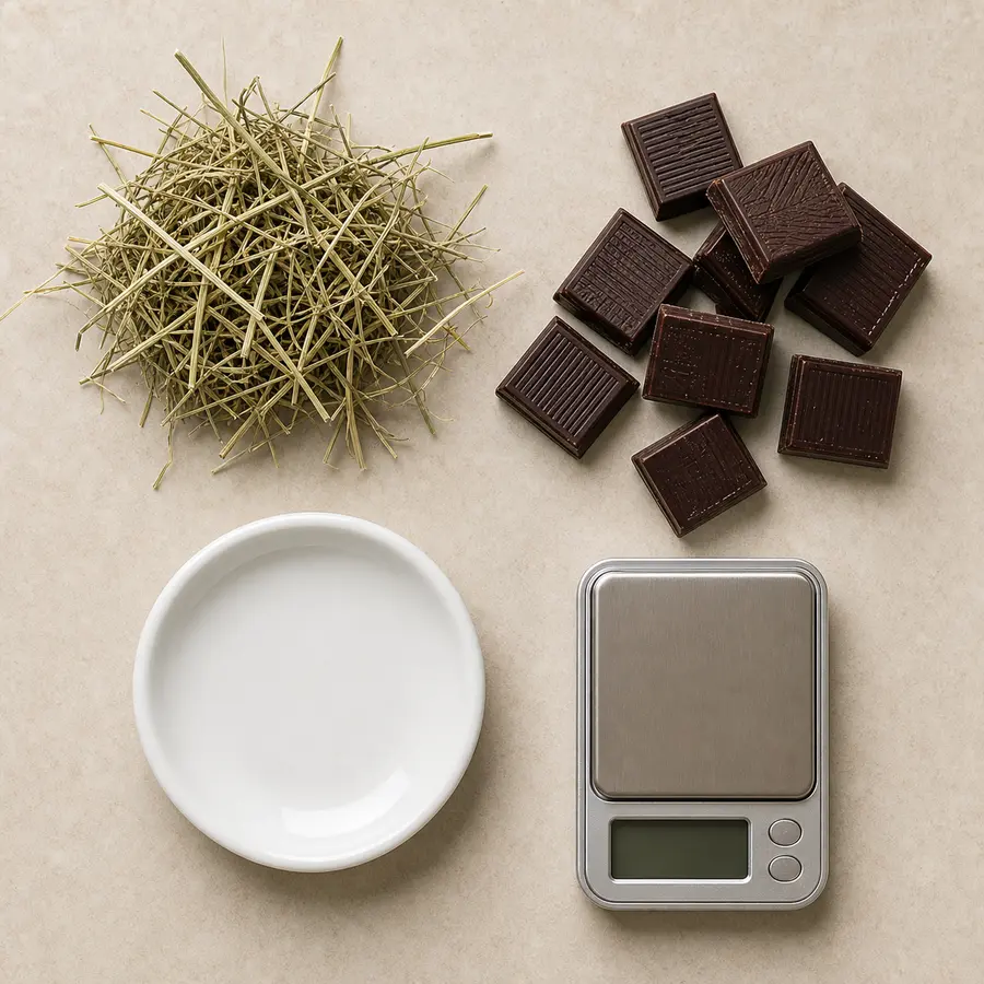 Dark chocolate squares kept away from an empty saucer, hay, and a gram scale.